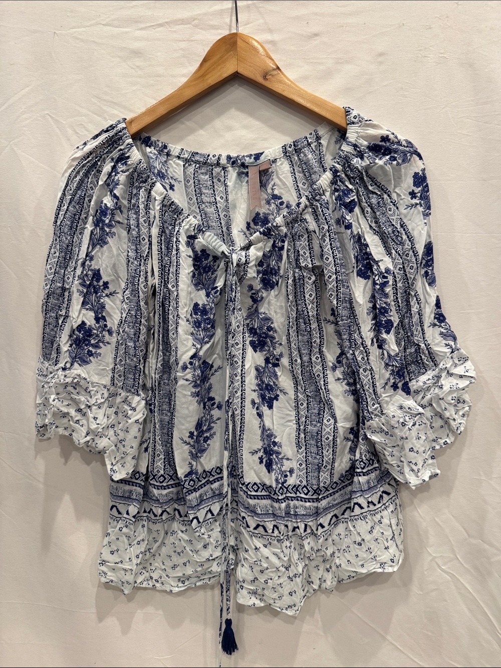 Boho White Peasant Blouse with Navy Floral Print M 100% Rayon